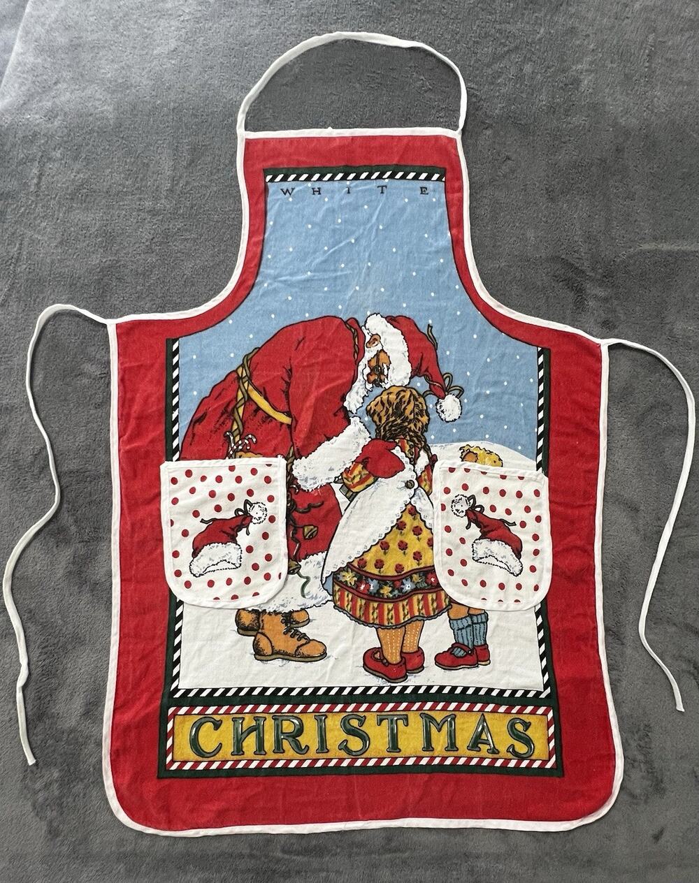 90s Vintage Apron White Christmas Holiday Santa Kitchen Unitex International Inc